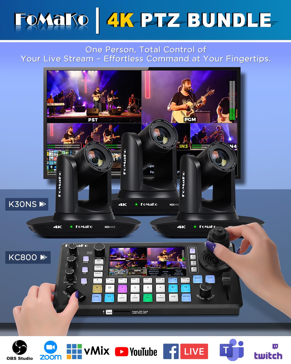 FoMaKo K30NS remote control demonstrating preset camera angles for quick setups.