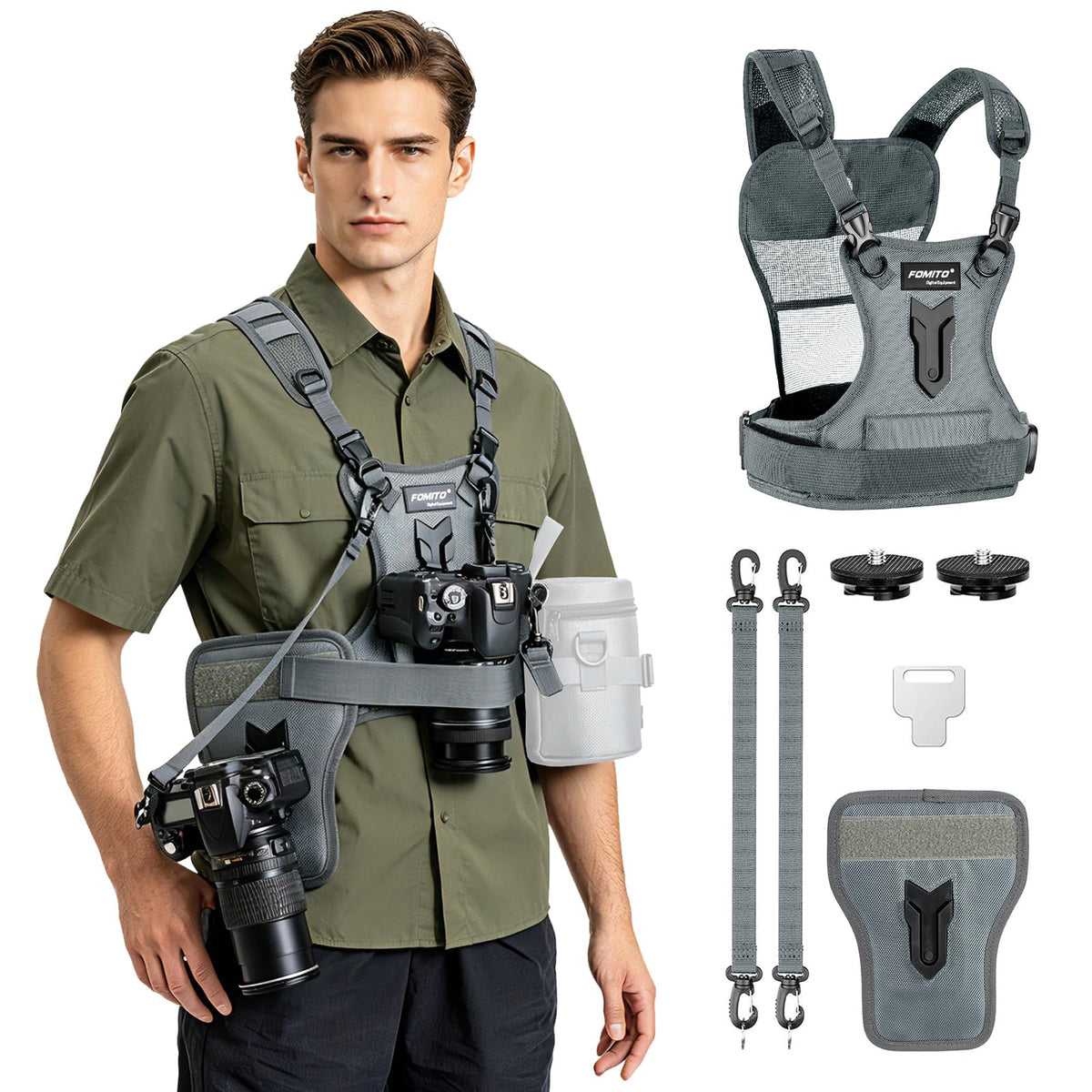 FOMITO front view of harness shows secure carry and quick access