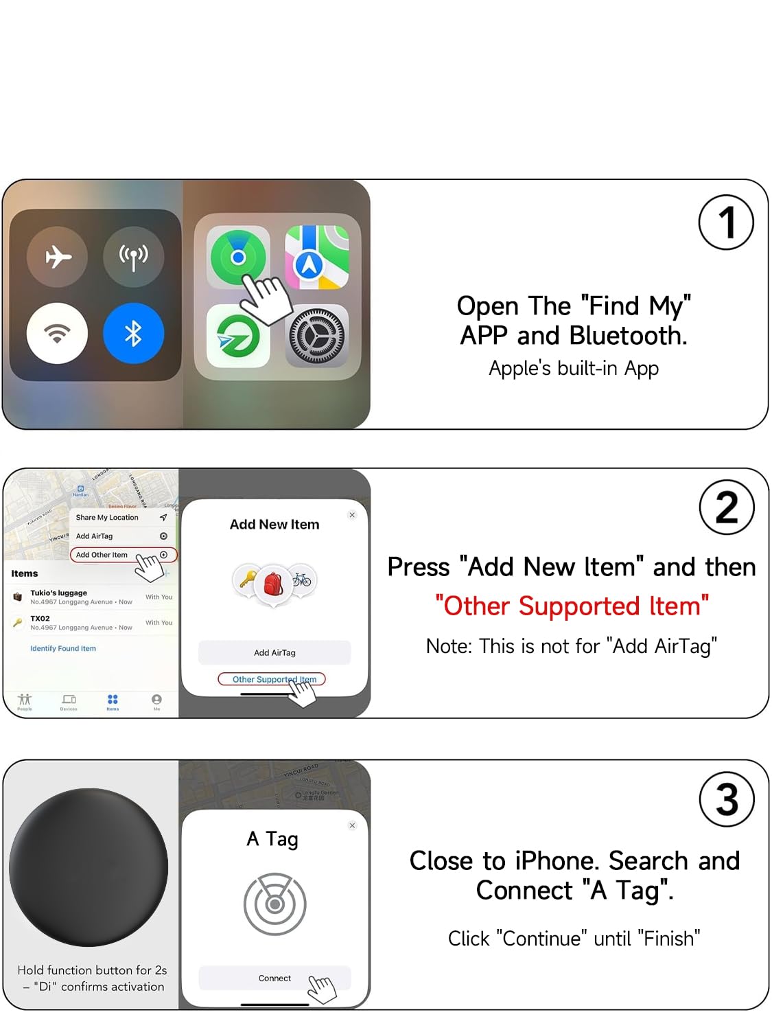 iPhone screen showing Find My setup with FONVOi A Tag.