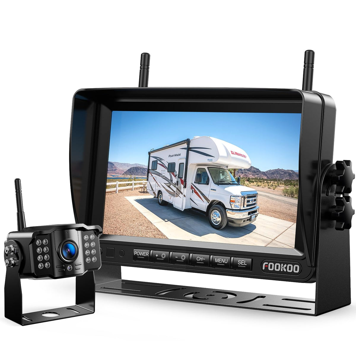 Fookoo 7-inch monitor front view showing clear HD display and easy controls benefit visibility