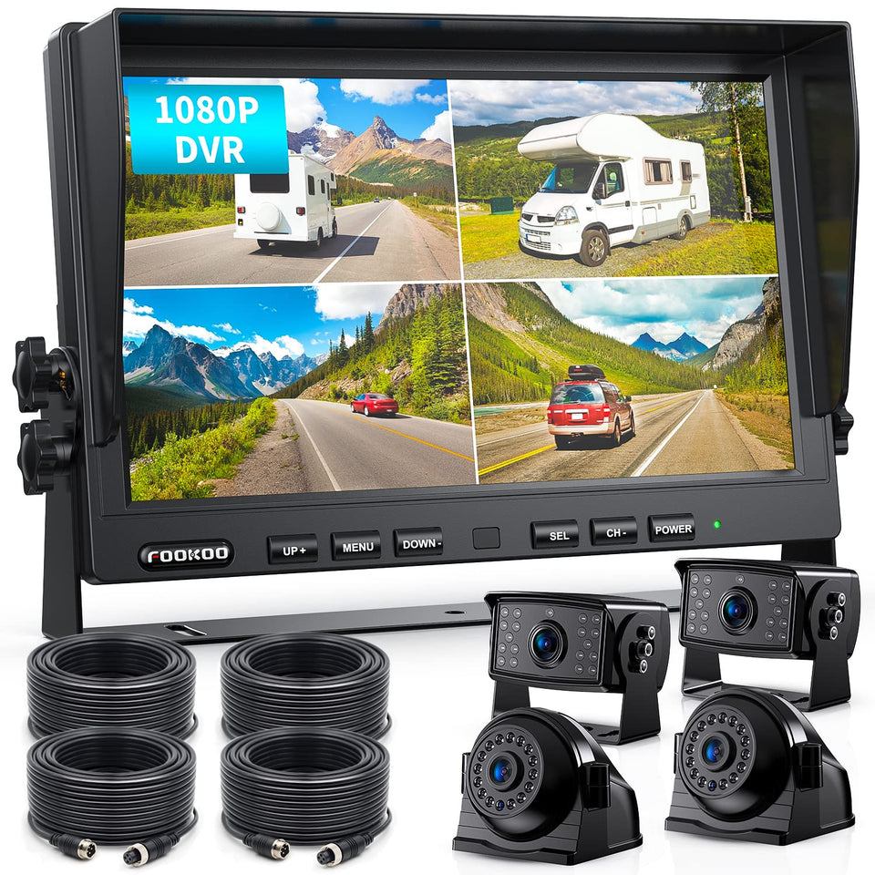 Fookoo II 10-inch monitor quad split view for rear and side monitoring.