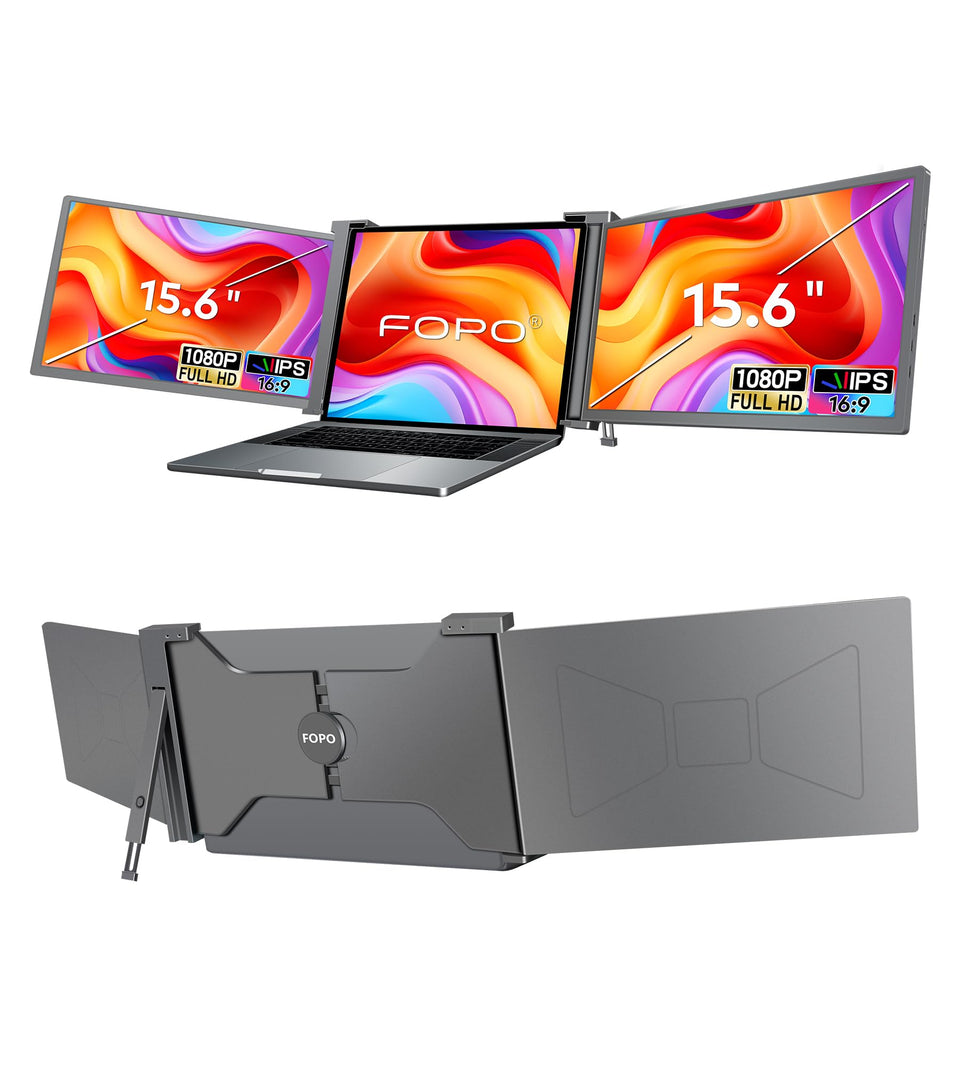 FOPO 15.6 inch triple monitor front view shows immersive FHD workspace