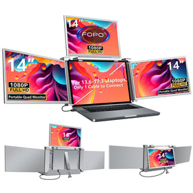 FOPO quad monitor extender assembly shows a portable multi-screen workstation.