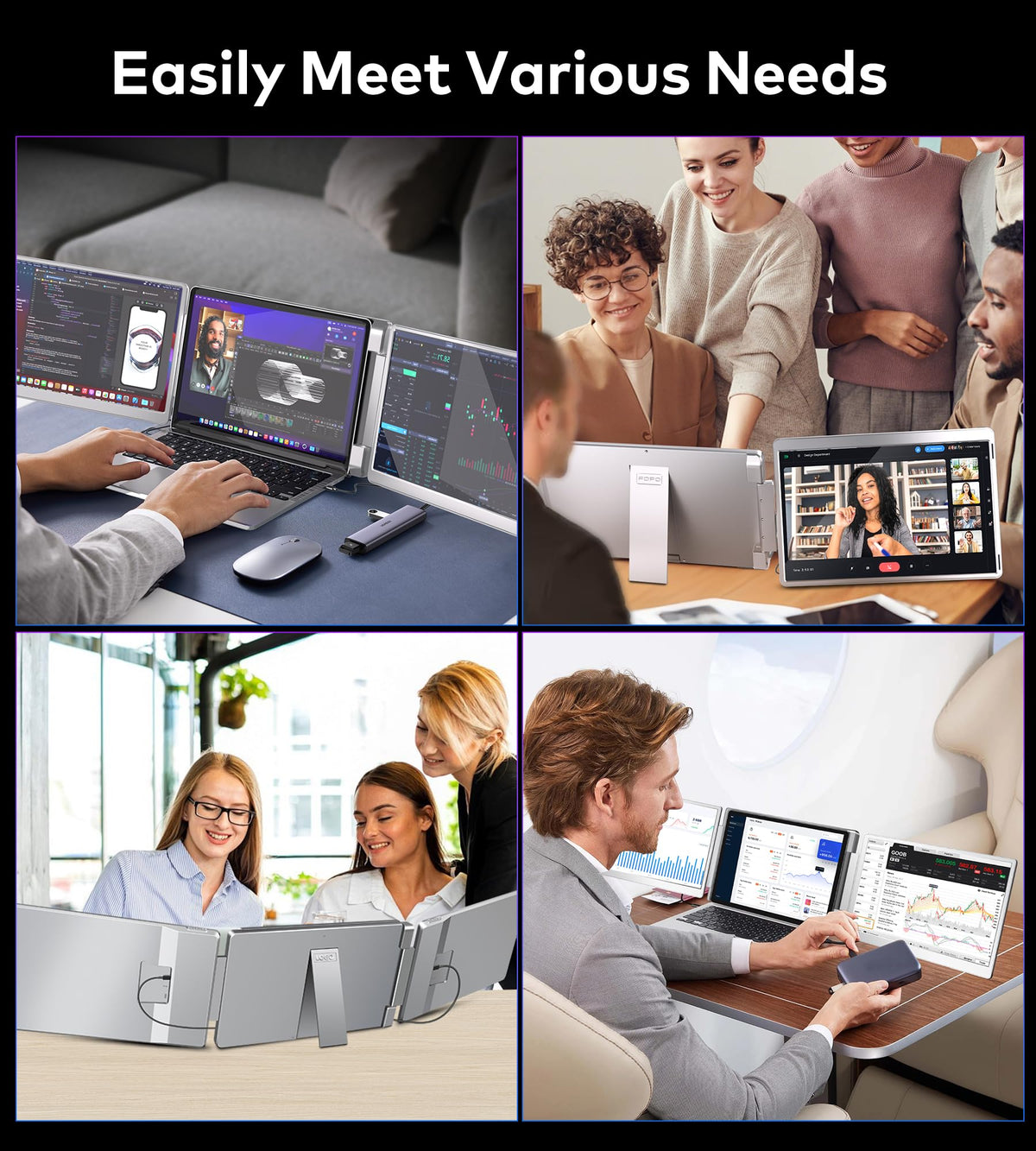 FOPO S7 triple monitor on-the-go setup with plug-and-play connectivity