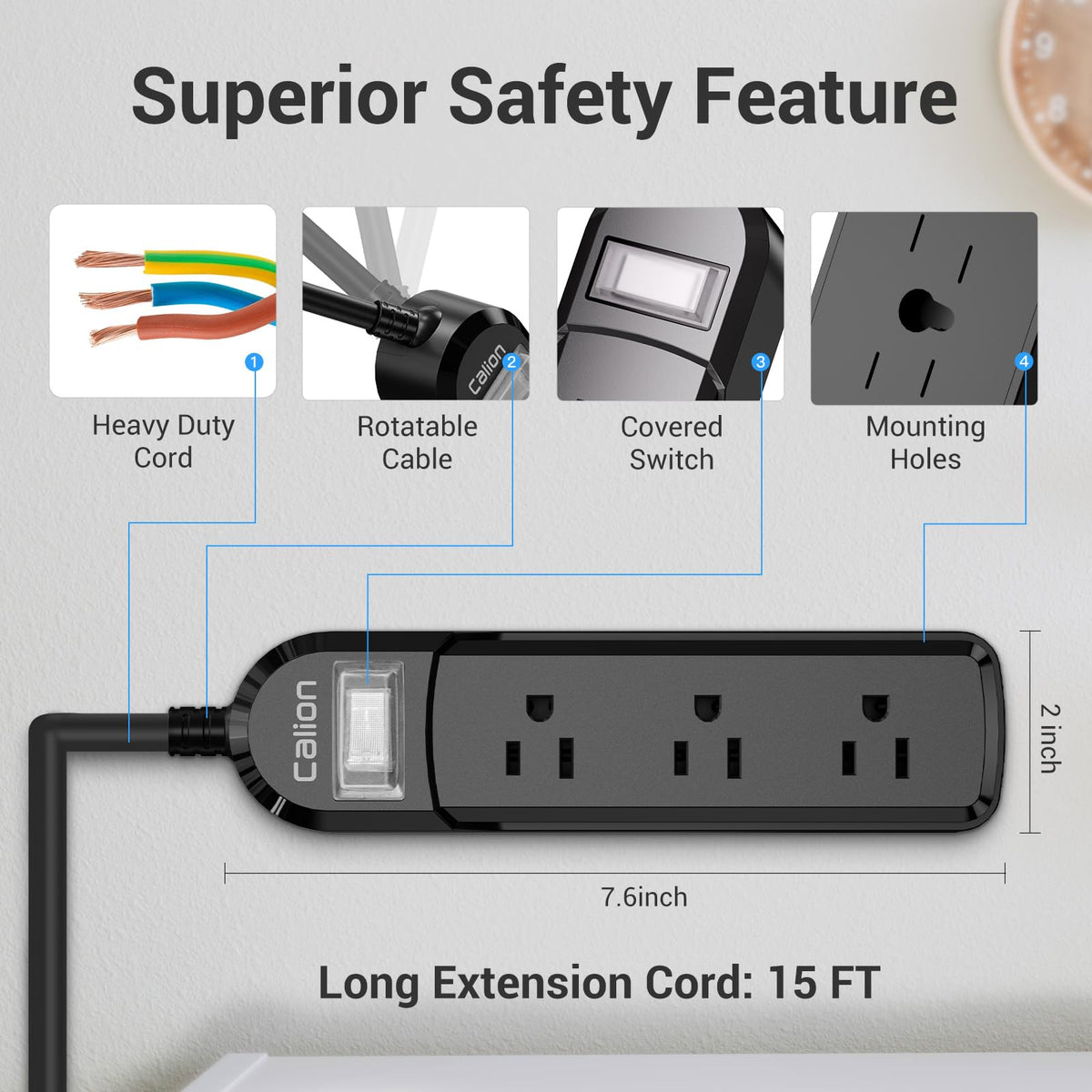 ForgeNest 15 ft cord with 45-degree flat plug illustrating space-saving installation