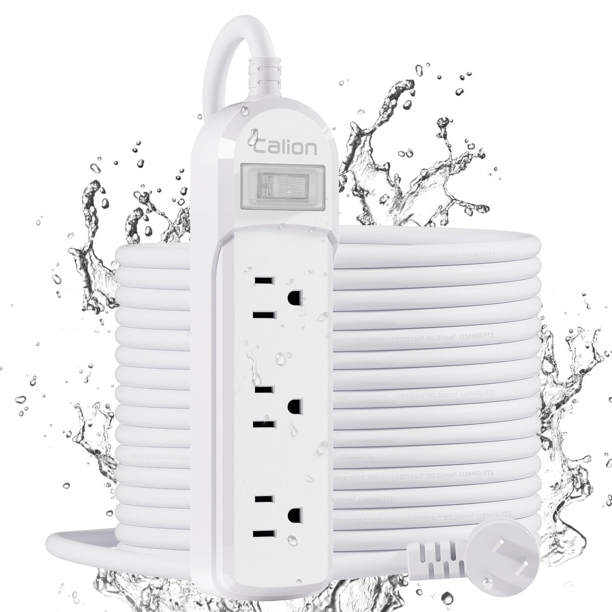 ForgeNest front view of weatherproof power strip showing three outlets and cord — durable outdoor power