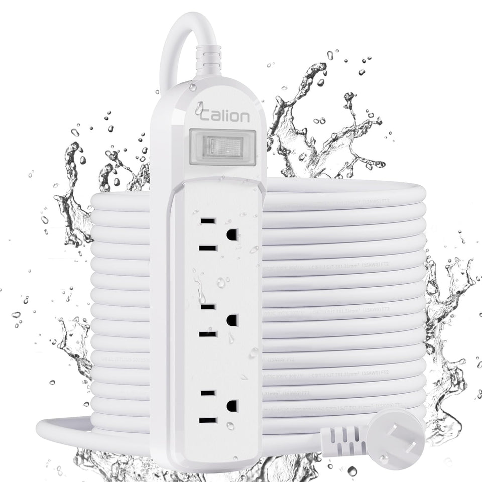 ForgeNest front view of weatherproof power strip showing three outlets and cord — durable outdoor power