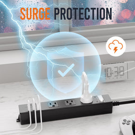 ForgeNest surge protection 400 Joules guards TVs and devices outdoors.