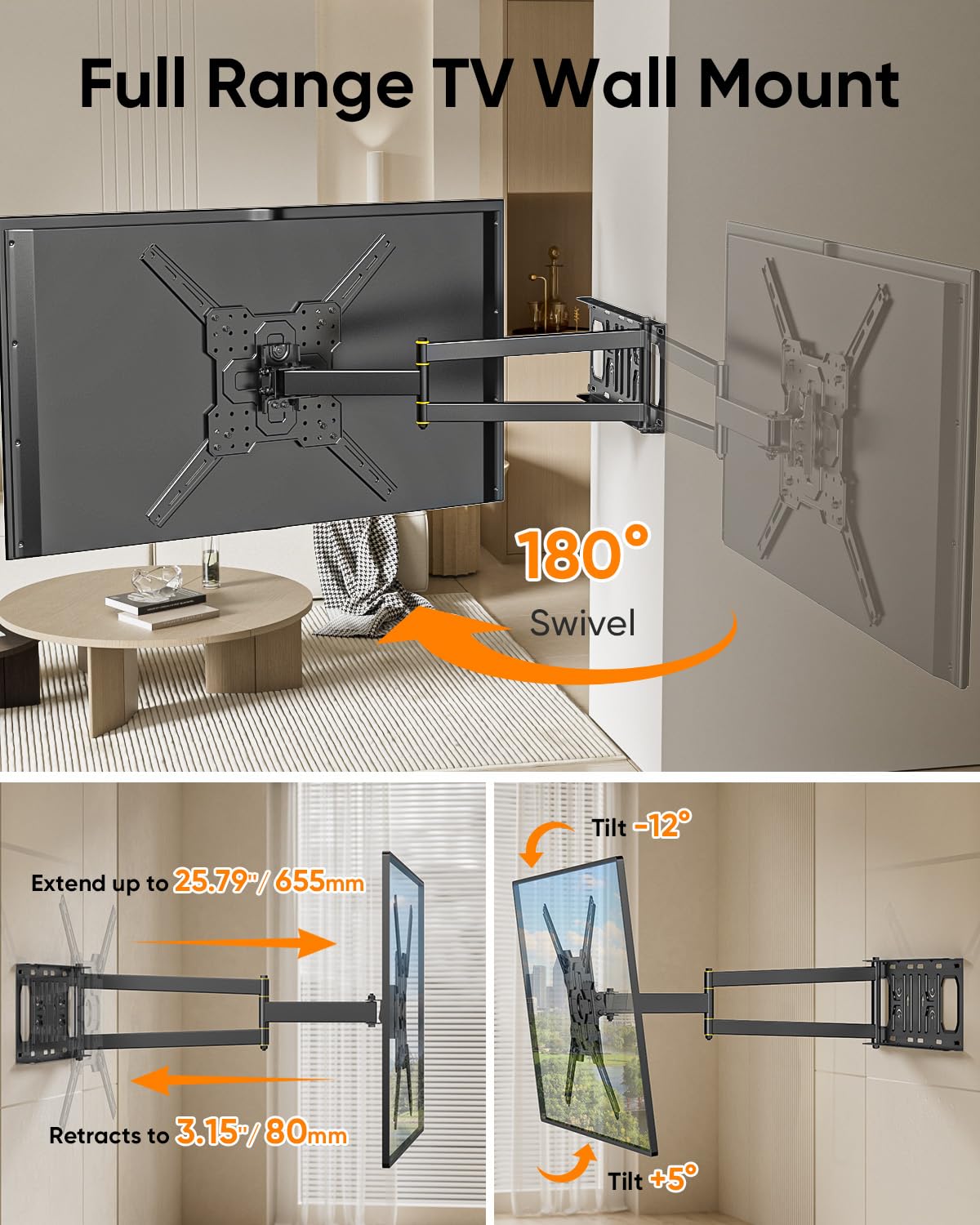 FORGING MOUNT 90-degree rotation supports portrait or landscape TV orientation.