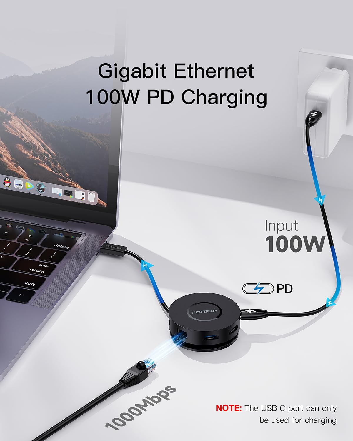 FORIDA with Ethernet cable plugged in, delivers stable gigabit network performance