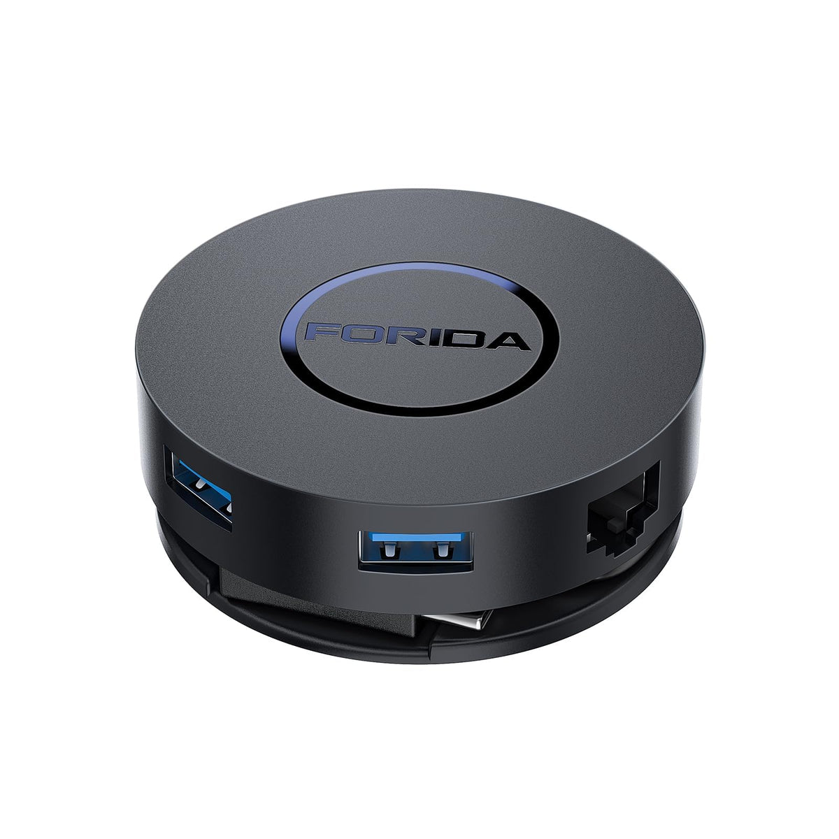 FORIDA front view showing ports and compact design, enhances workstation portability