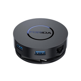 FORIDA front view showing ports and compact design, enhances workstation portability