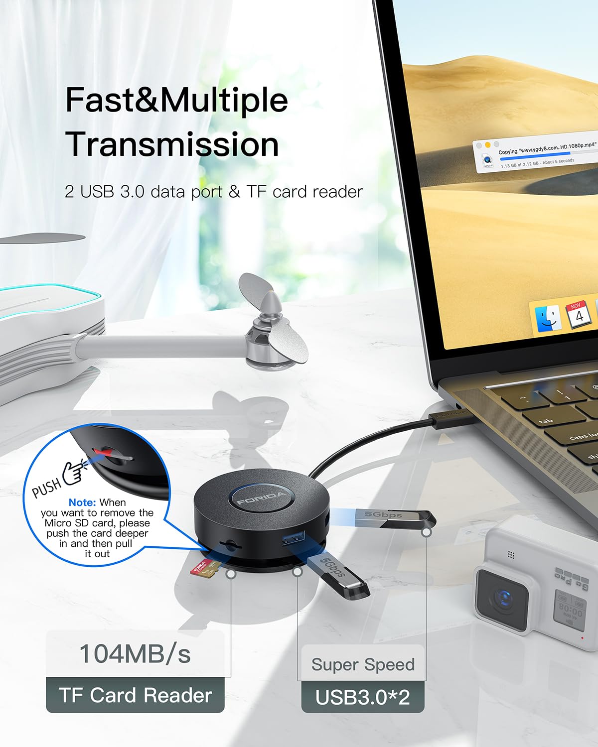 FORIDA connected to laptop with two monitors, improves multitasking productivity