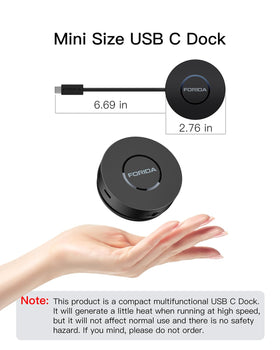 FORIDA next to smartphone for scale, illustrates the hub's compact travel-friendly size