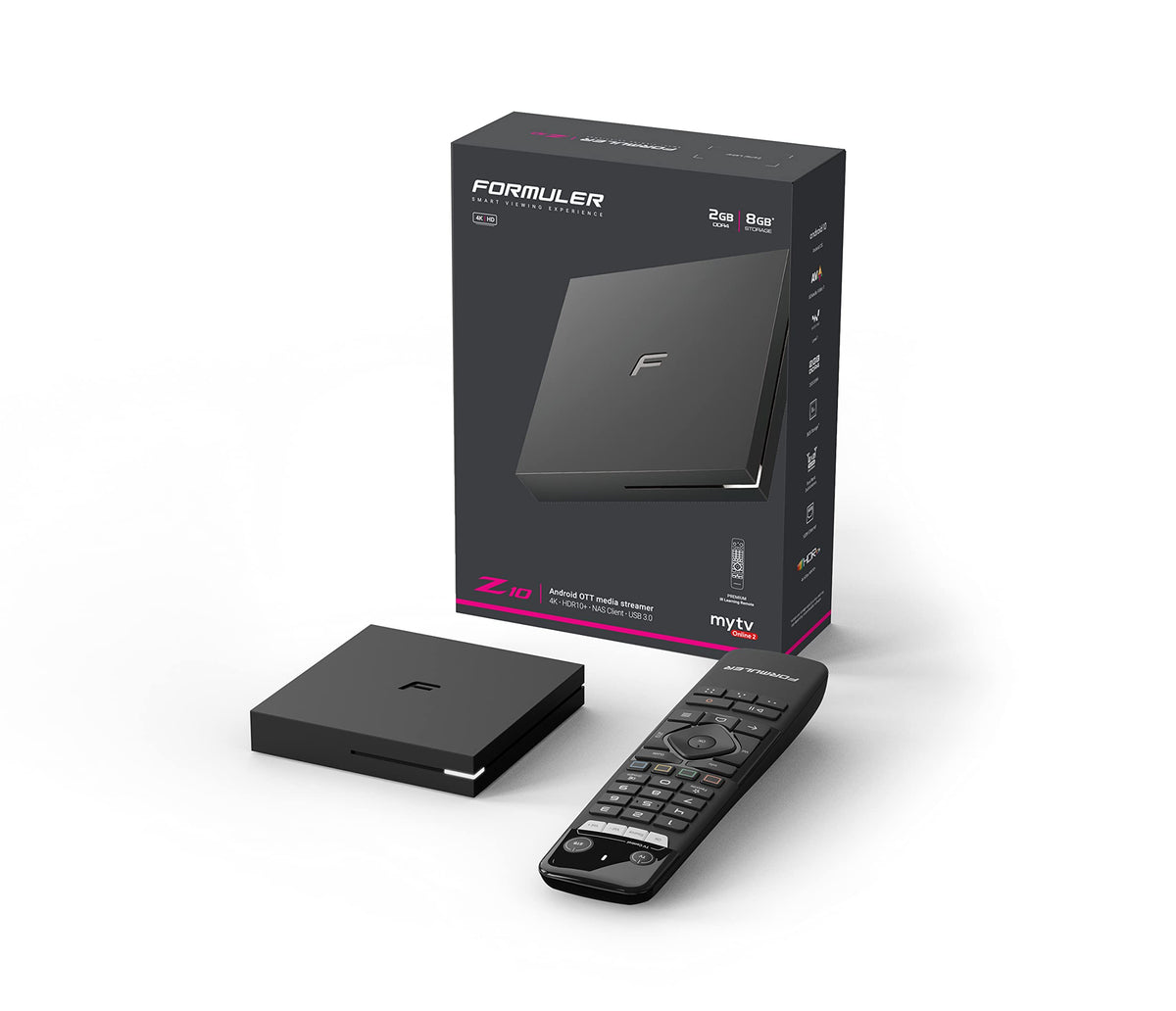 Formuler Z10 front view: compact Android 10 streaming box for 4K content.
