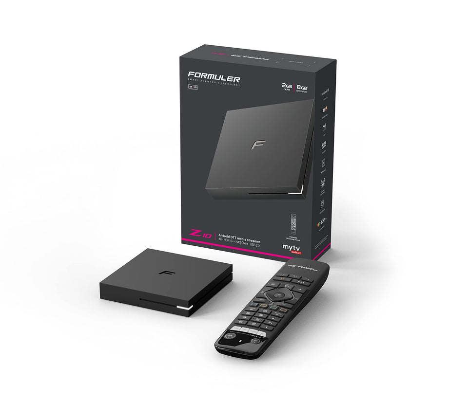Formuler Z10 front view: compact Android 10 streaming box for 4K content.