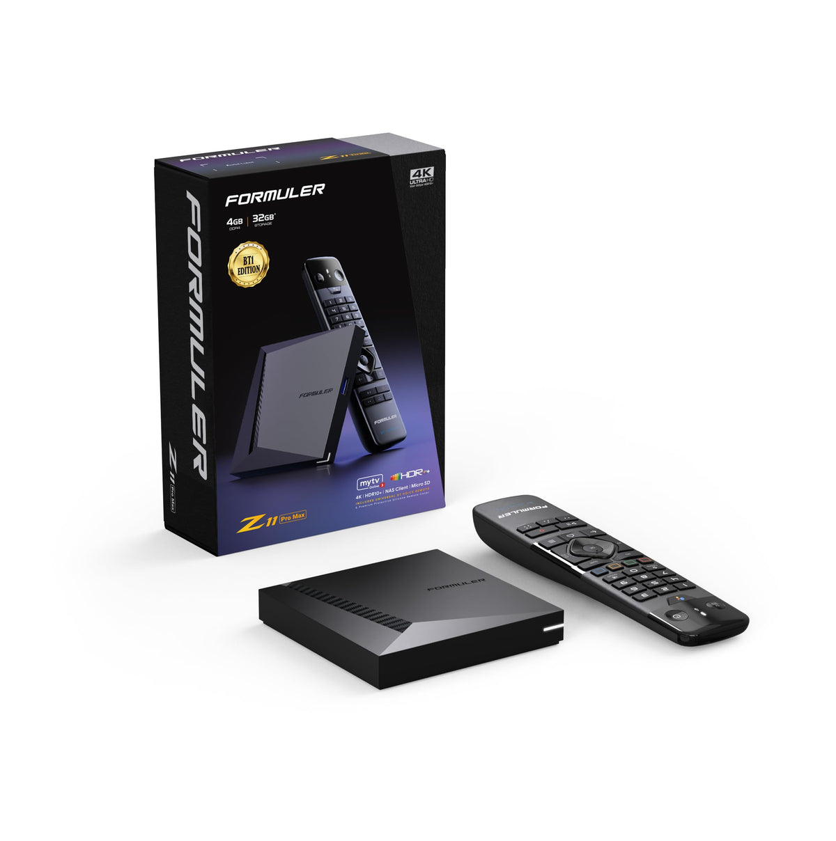 Formuler Z11 Pro Max front view ready for 4K streaming on a flat screen.