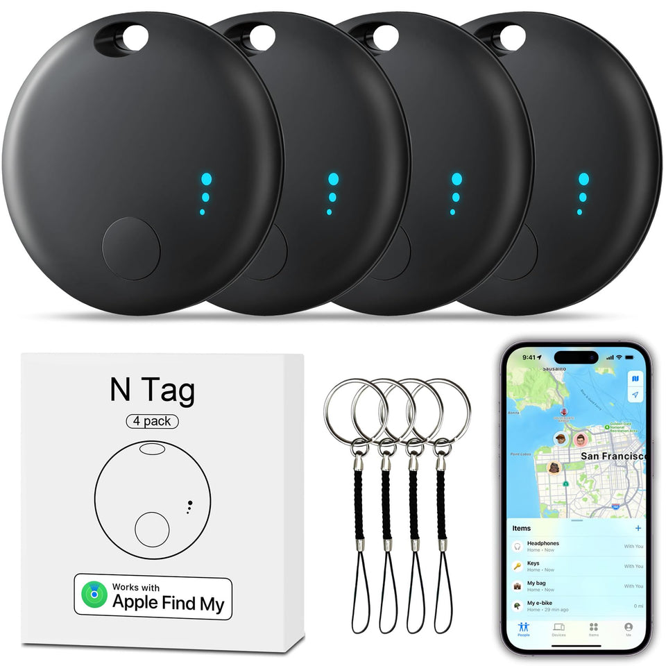 Fortunepro Tracker Tag 4-pack in black packaging helps you locate essentials quickly.