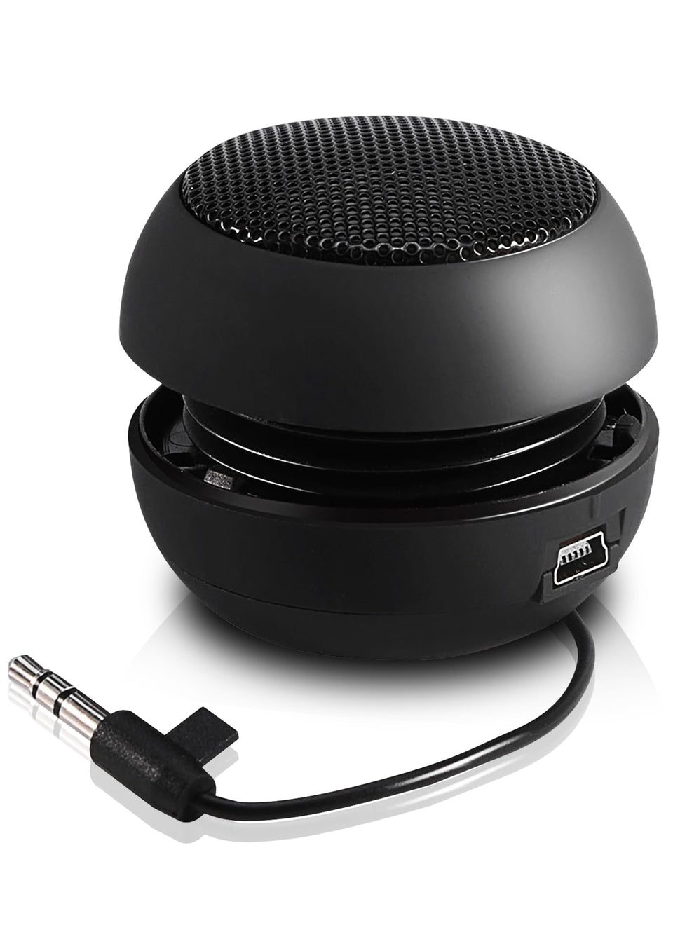 FOSA front view showing compact speaker and aux port, portable benefit