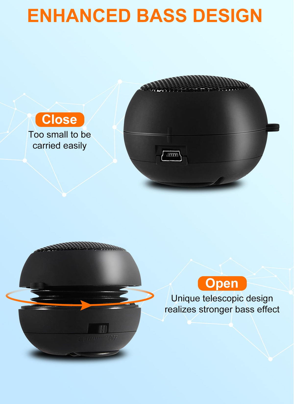 FOSA speaker held in hand for size comparison, travel convenience benefit
