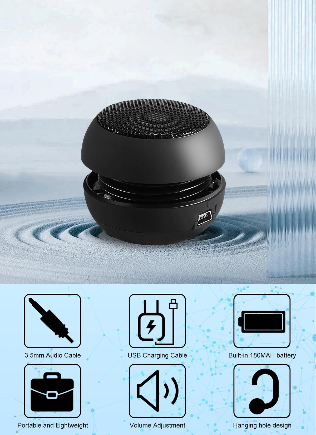 FOSA speaker with included audio and USB cables, ready-to-use benefit