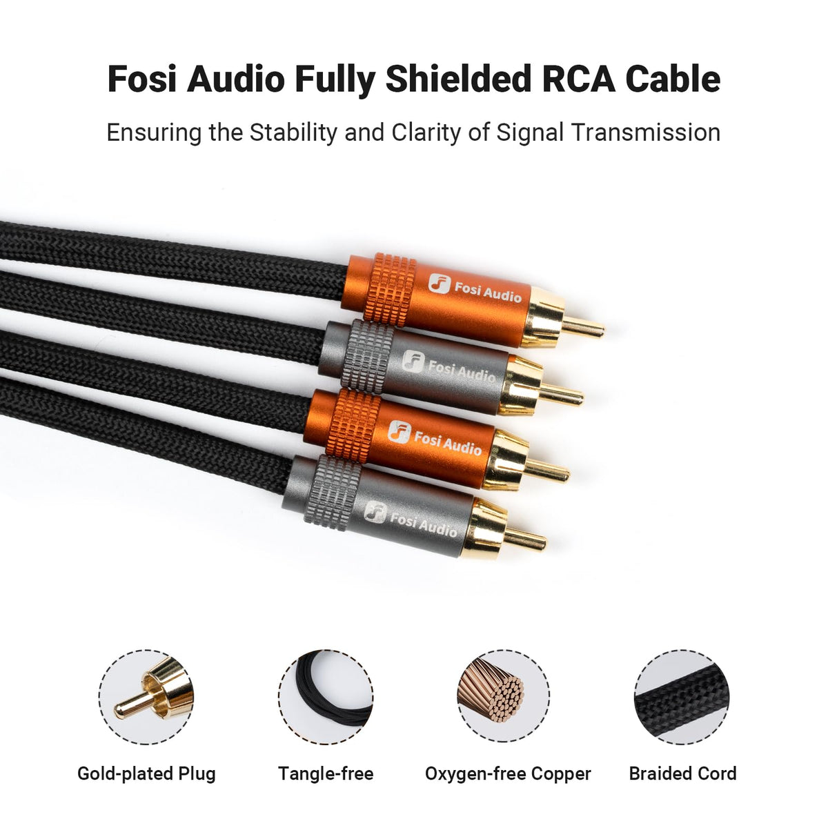 Shielded Fosi Audio 2RCA cable design reduces interference for cleaner audio.