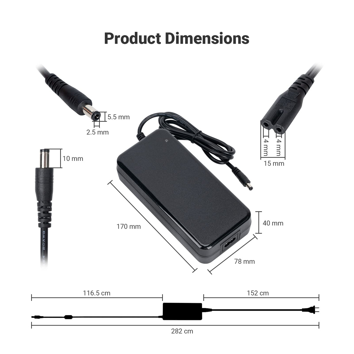 Fosi Audio power adapter side profile showing durable connectors for clean wiring