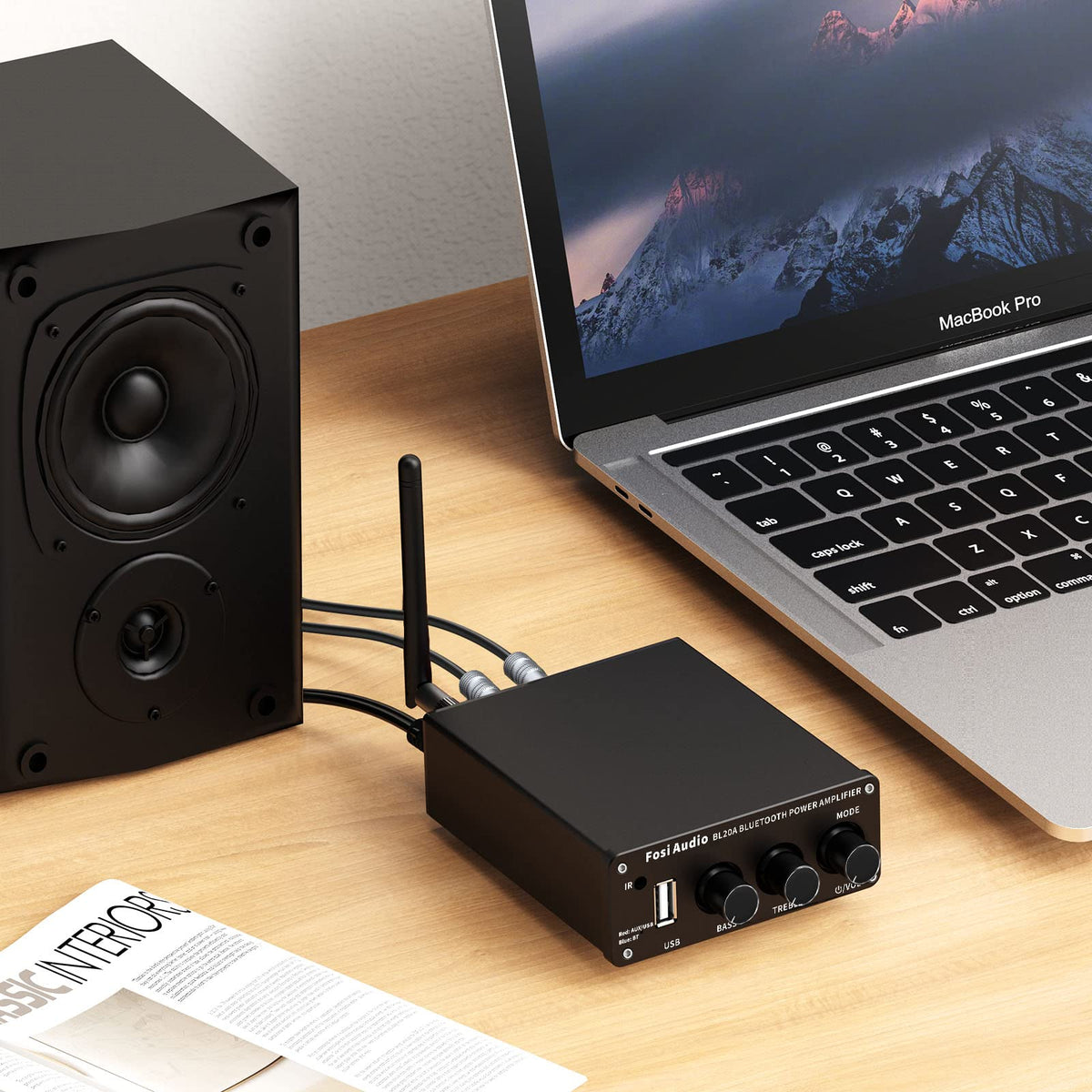 Fosi Audio BL20A close-up of bass and treble knobs for precise tone control