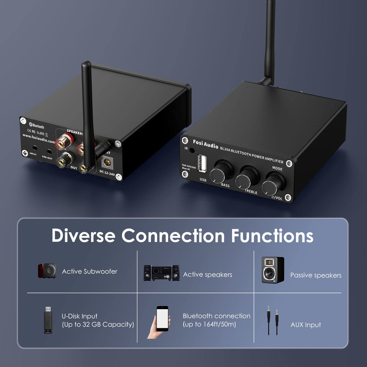 Fosi Audio BL20A beside a smartphone to show compact size and space saving