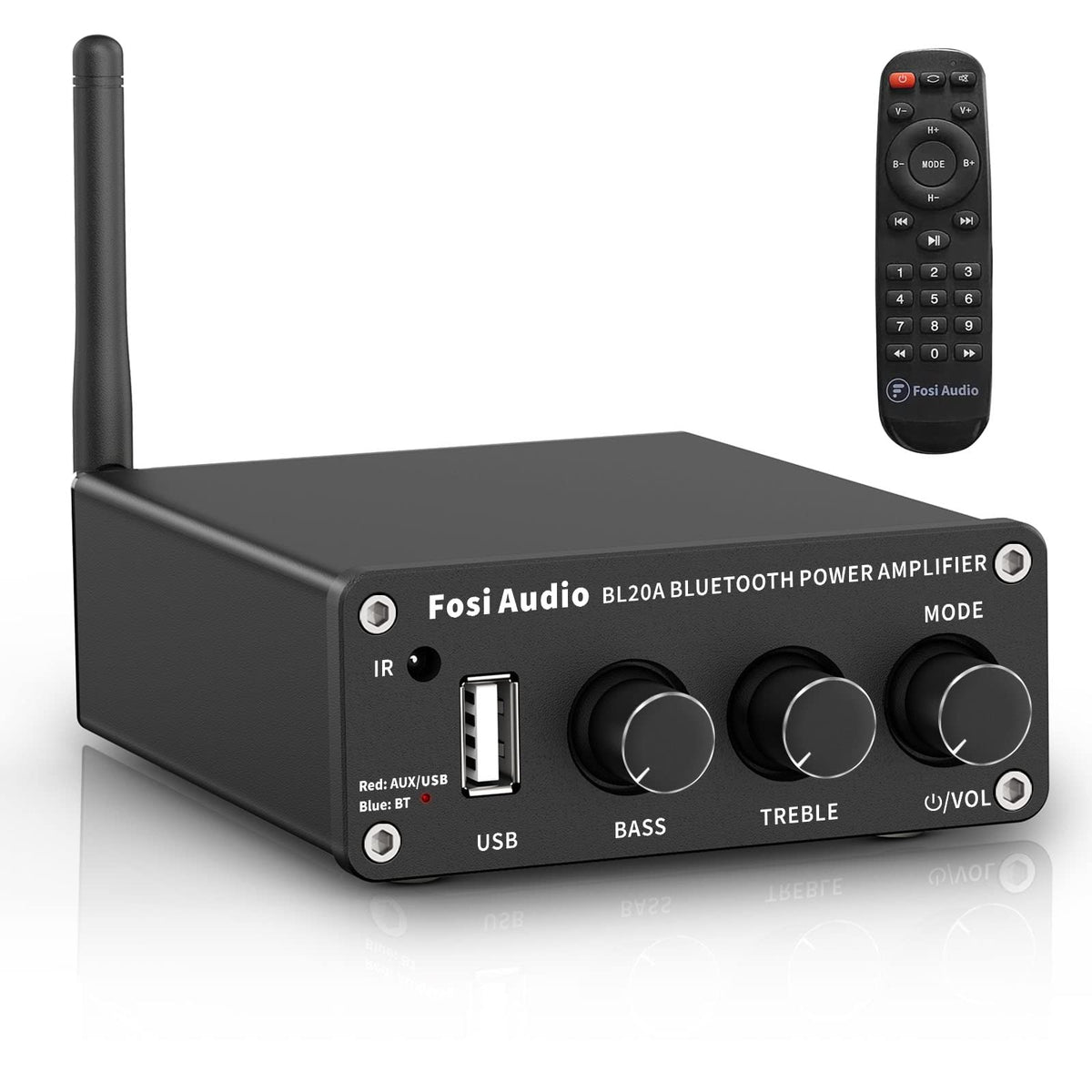Fosi Audio BL20A front panel showing knobs and input indicators, easy control