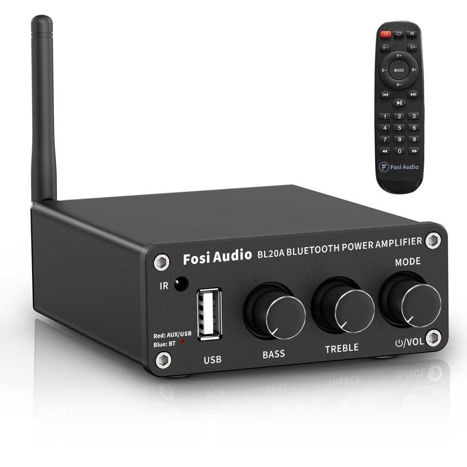 Fosi Audio BL20A front panel showing knobs and input indicators, easy control