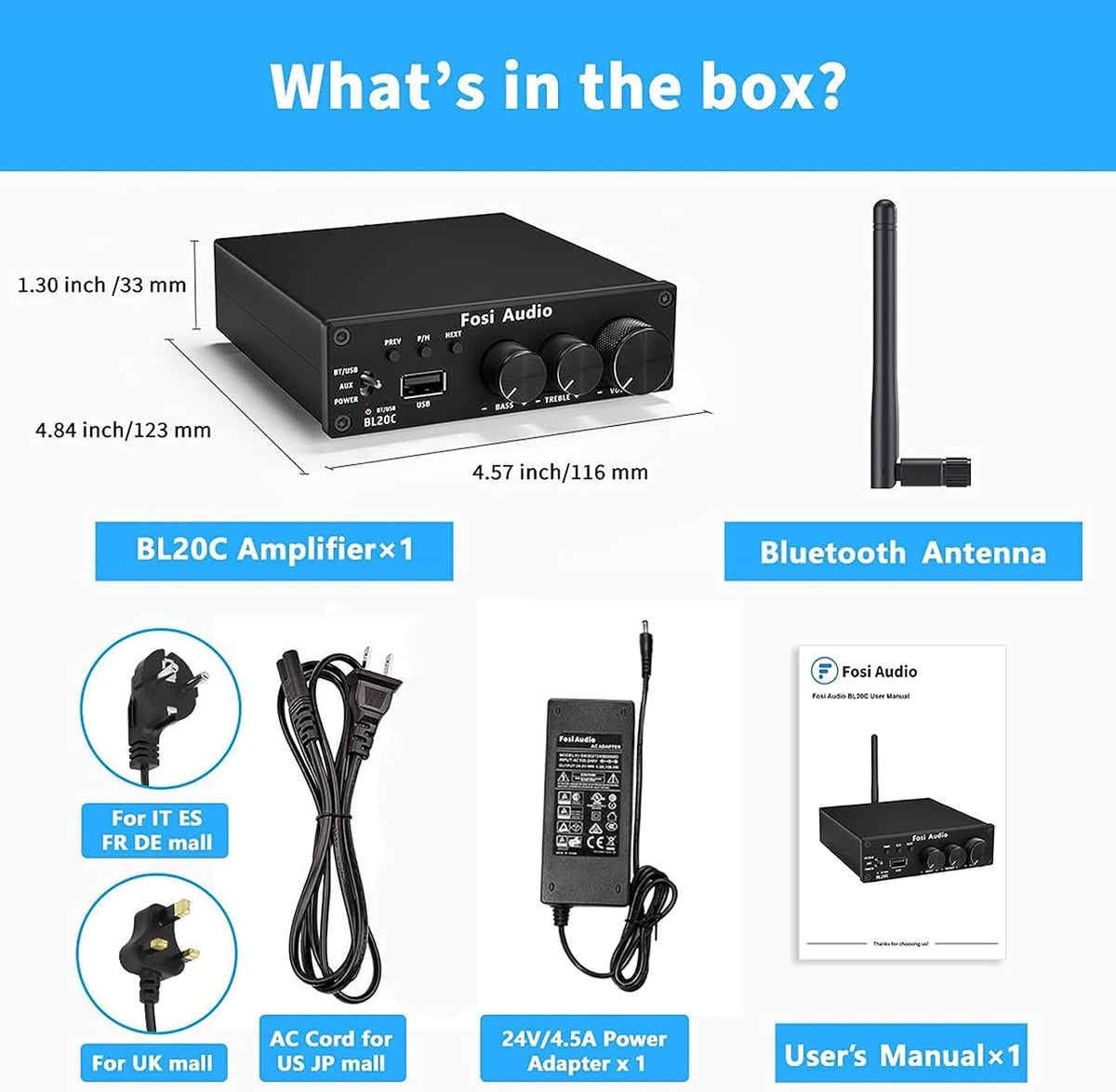 Fosi Audio BL20C hooked to passive speakers and powered subwoofer for deep bass