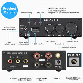 Fosi Audio BL20C rear terminals with speaker outputs and RCA for flexible connections