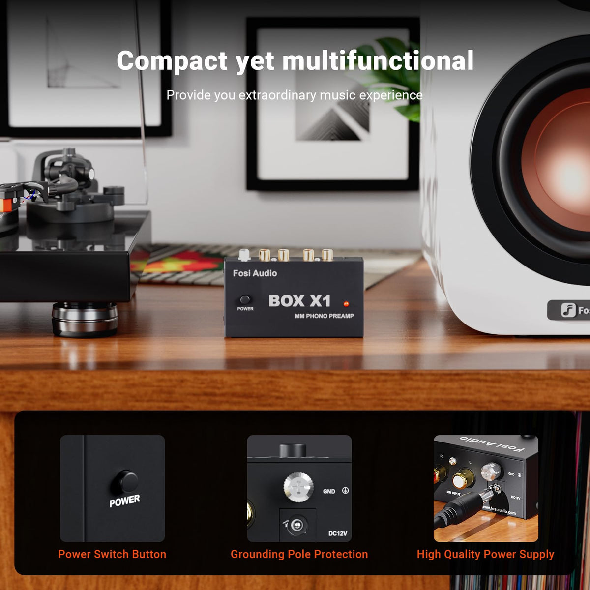 Fosi Audio black anodized steel case highlighting durable finish and EMI shielding benefit