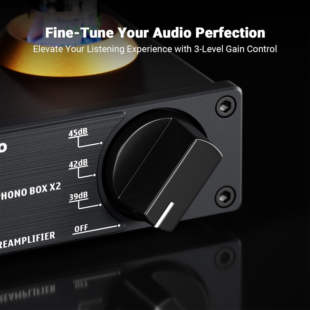 Fosi Audio Box X2 gain switch area showing 39, 42, 45 dB options