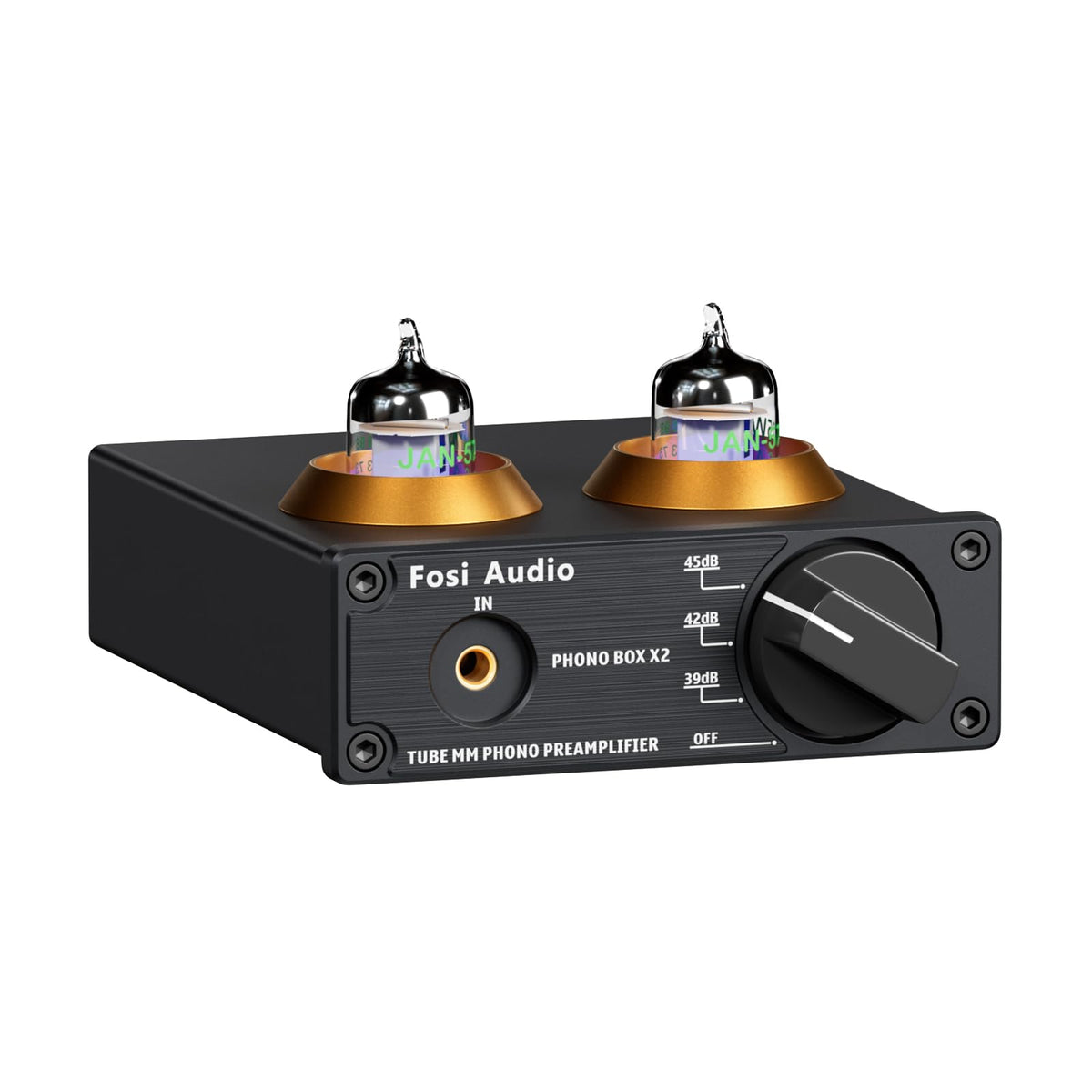 Fosi Audio Box X2 front view with MM phono preamp controls for quick setup