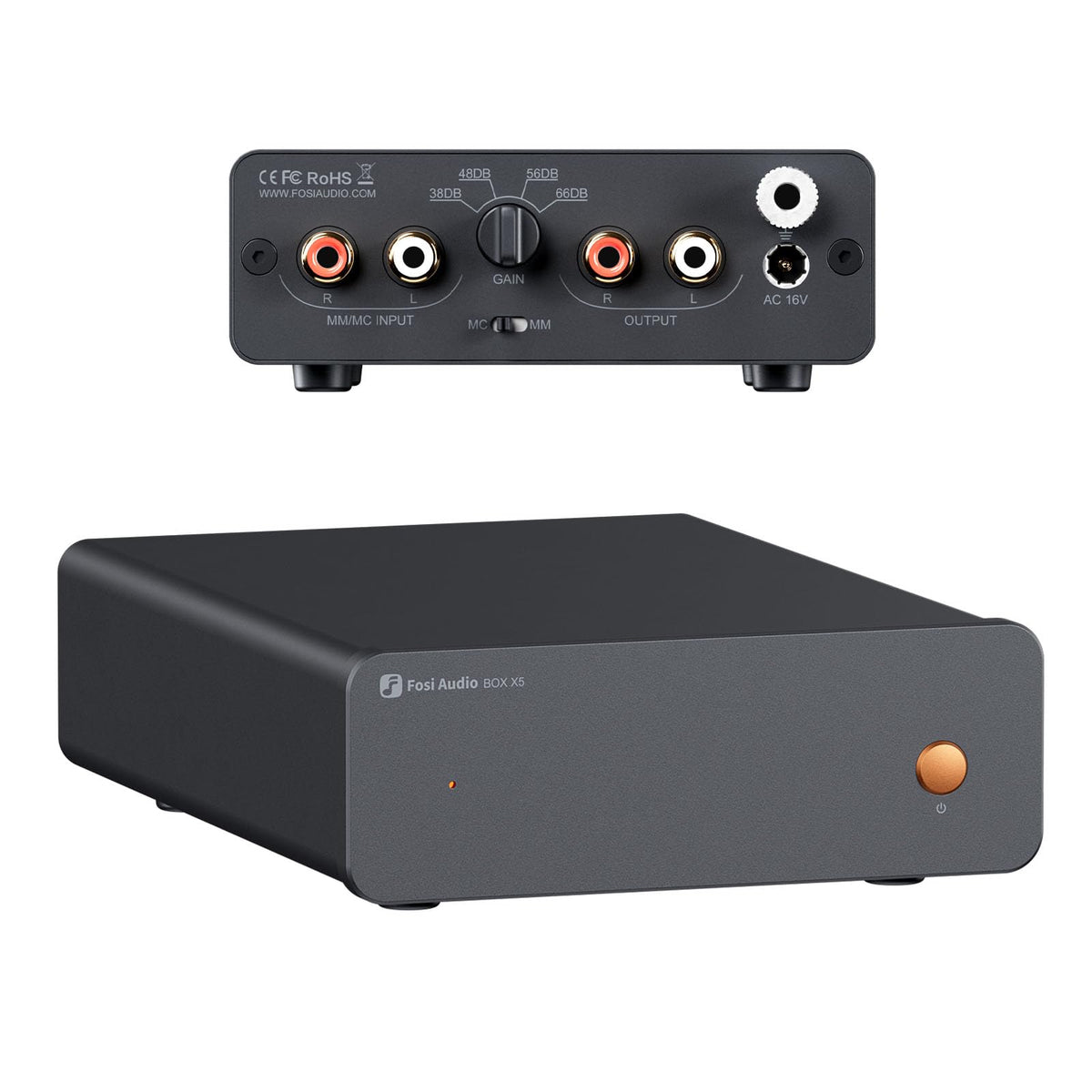 Fosi Audio Box X5 front panel showing a compact, sleek home audio design