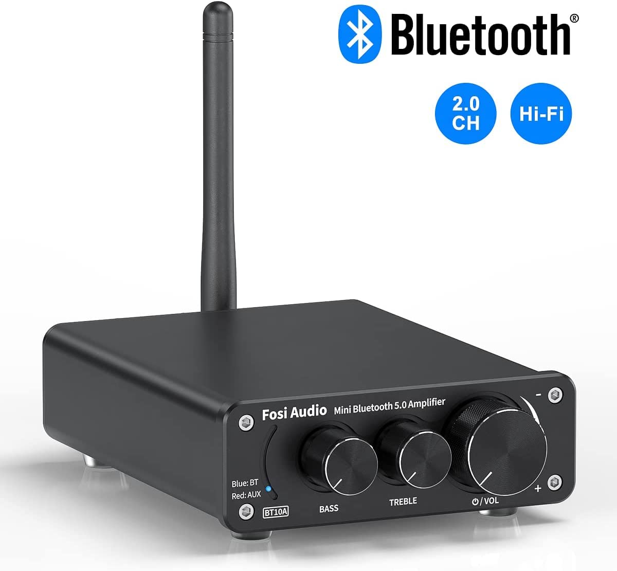 Fosi Audio BT10A on a shelf with bookshelf speakers showing real home use