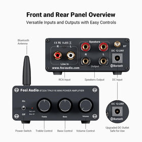Fosi Audio BT20A back ports showing speaker binding posts and RCA inputs