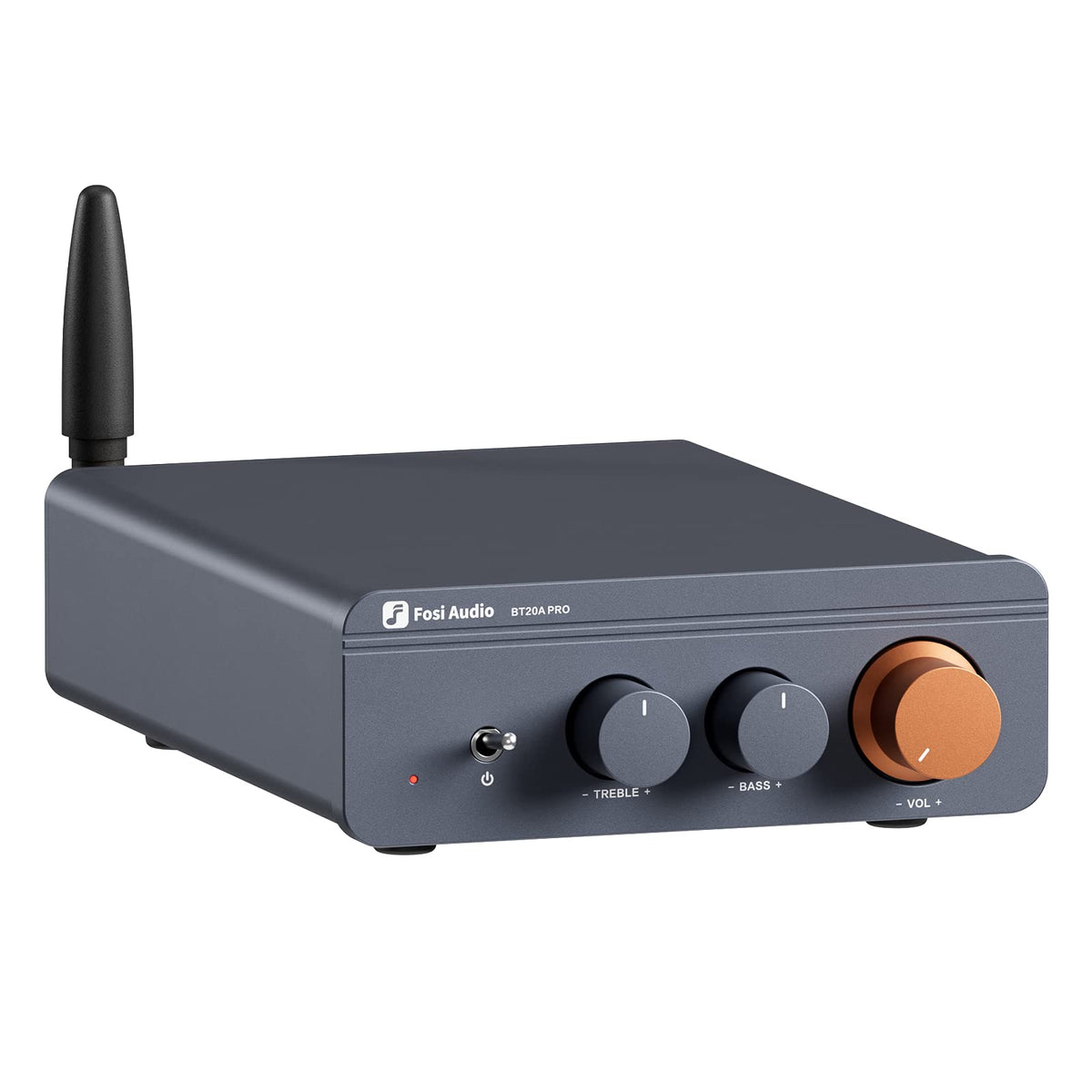 Fosi Audio BT20A Pro front panel with bass and treble controls for tone shaping