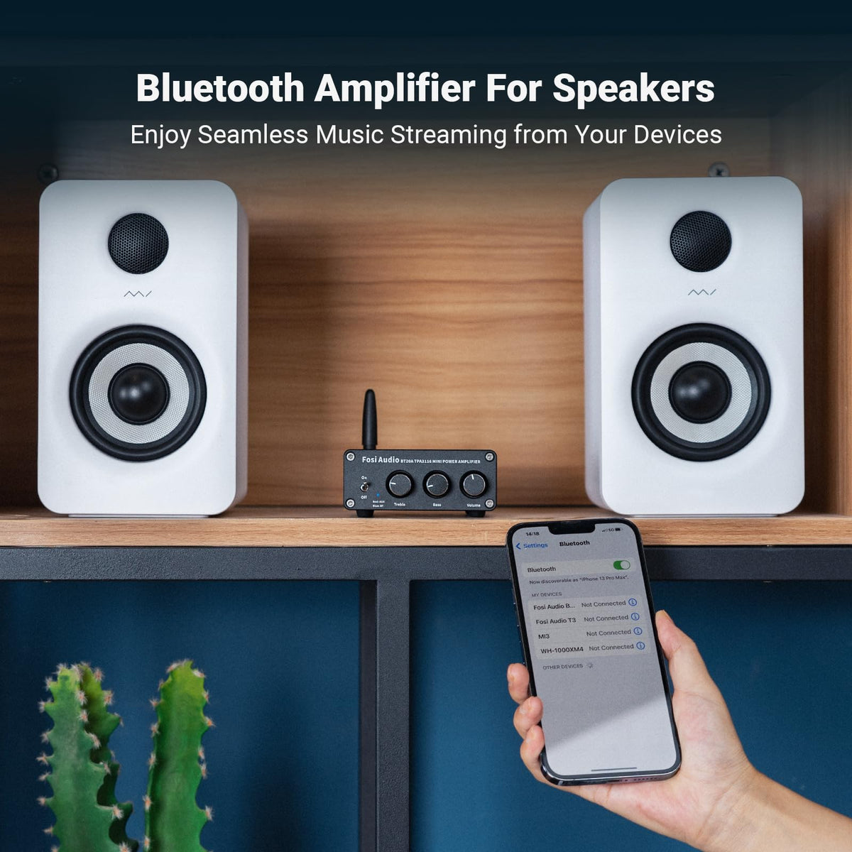 Fosi Audio BT20A side profile highlighting compact, discreet shape