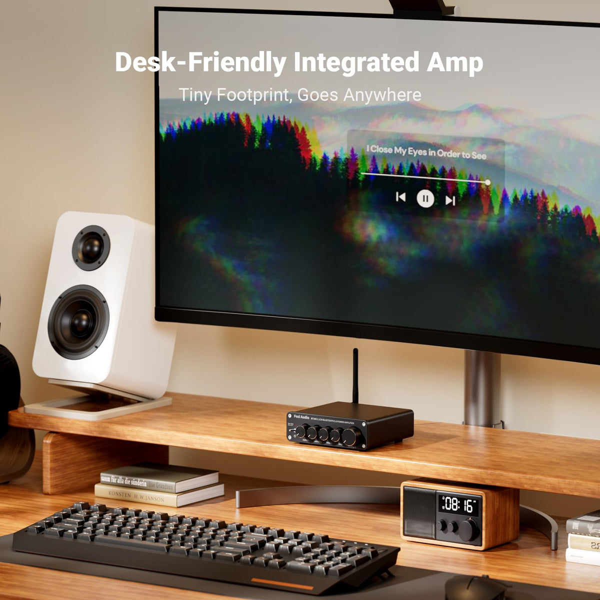 Fosi Audio BT30D back ports show RCA and speaker connections for versatile wiring