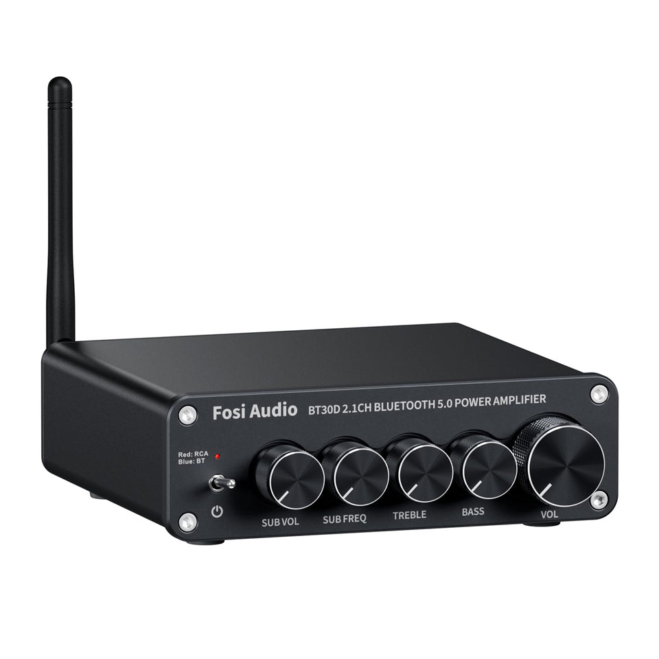 Fosi Audio BT30D front view for a compact hi-fi setup with easy controls