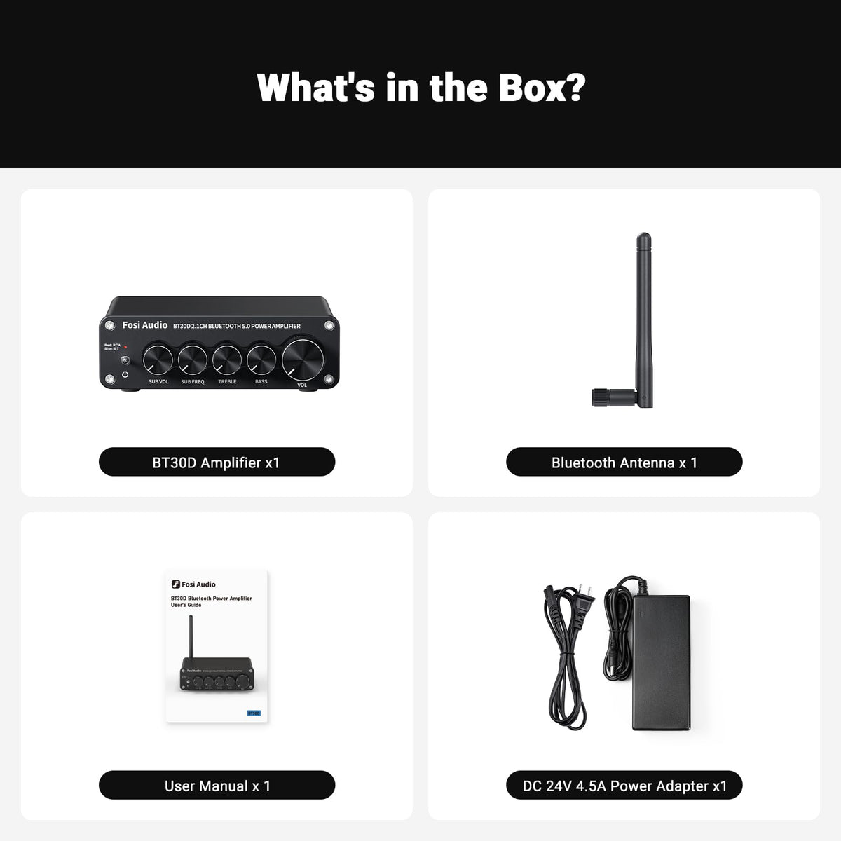 Fosi Audio BT30D packaging confirms complete setup essentials
