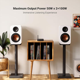 Fosi Audio BT30D side profile highlights compact footprint for desk or shelf