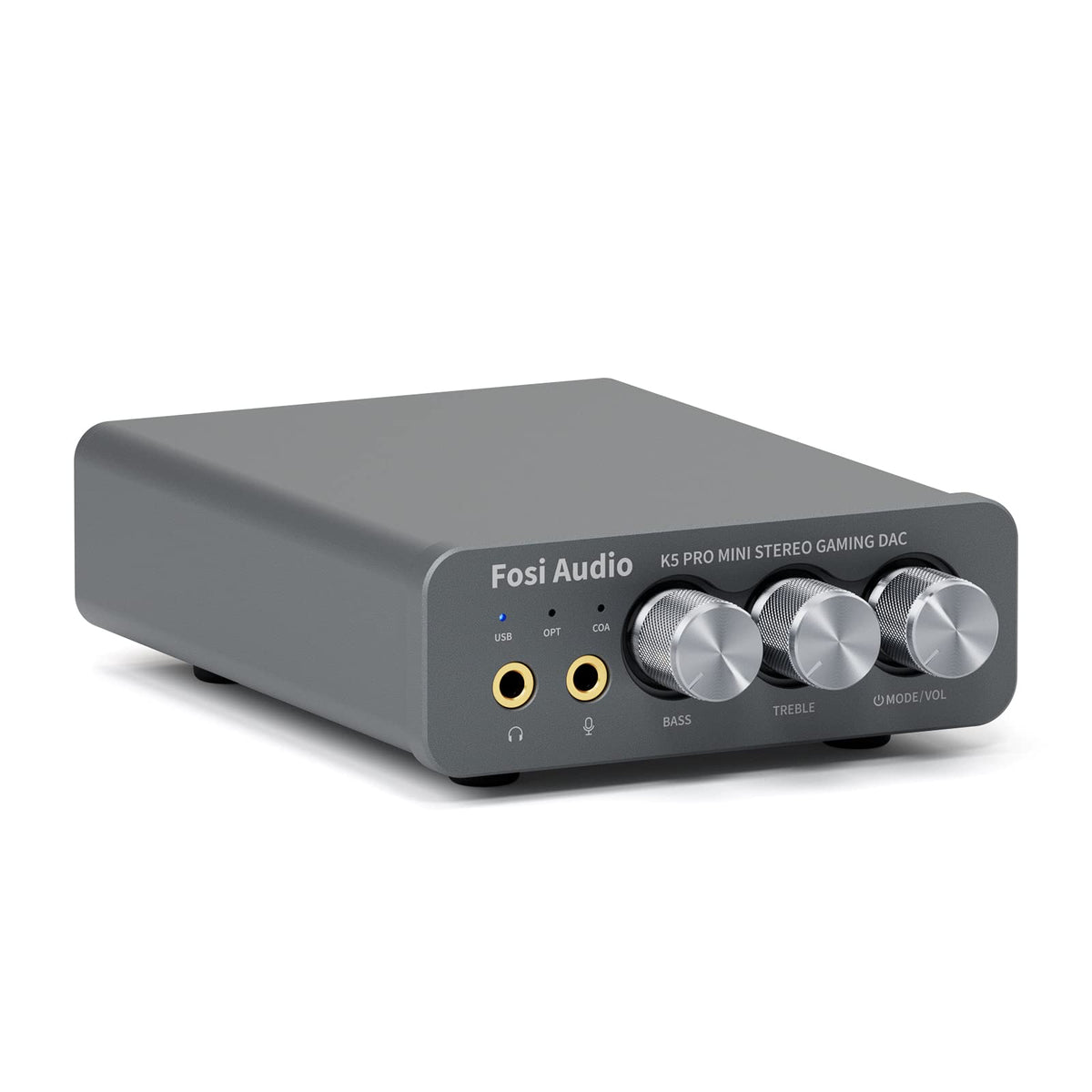Fosi Audio K5 Pro front view with controls and USB-C port for gaming setup