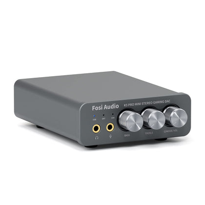 Fosi Audio K5 Pro front view with controls and USB-C port for gaming setup