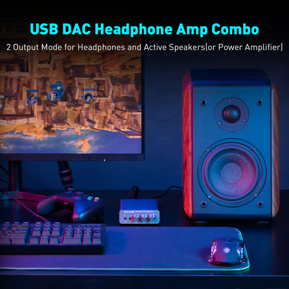 PS5 gaming setup featuring Fosi Audio K5 Pro for enhanced audio