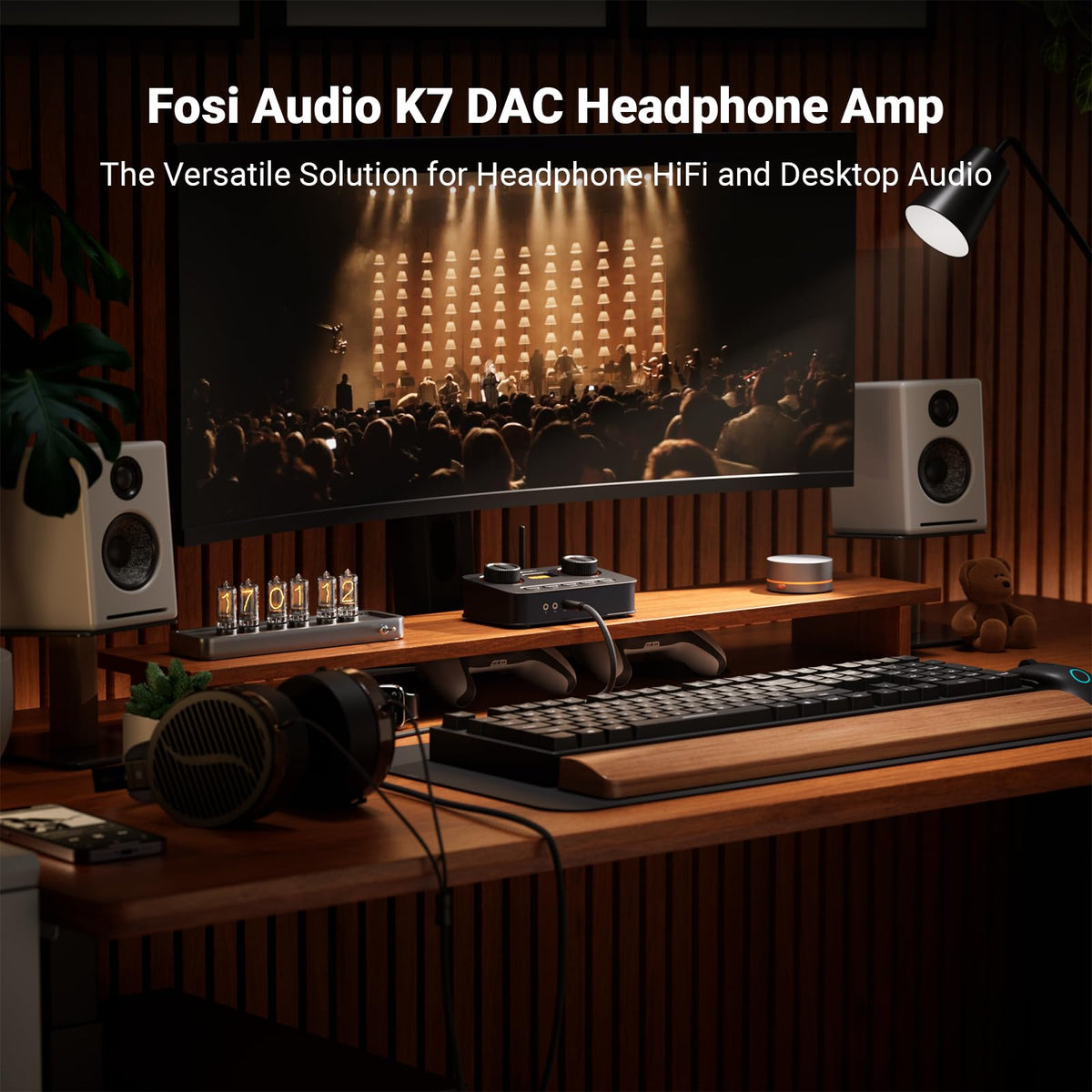 Fosi Audio K7 back ports showing USB‑C, optical, coax, and Bluetooth connectivity.
