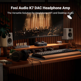 Fosi Audio K7 back ports showing USB‑C, optical, coax, and Bluetooth connectivity.